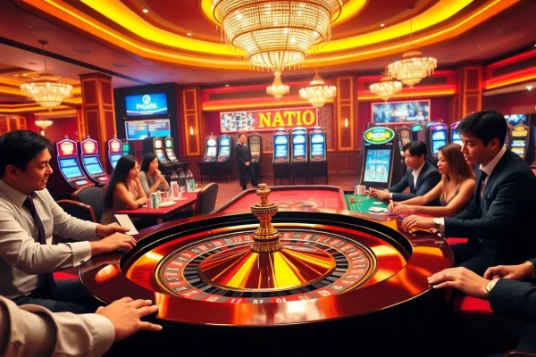 Players enjoying the excitement of pg88 at a luxurious casino with roulette and poker tables.
