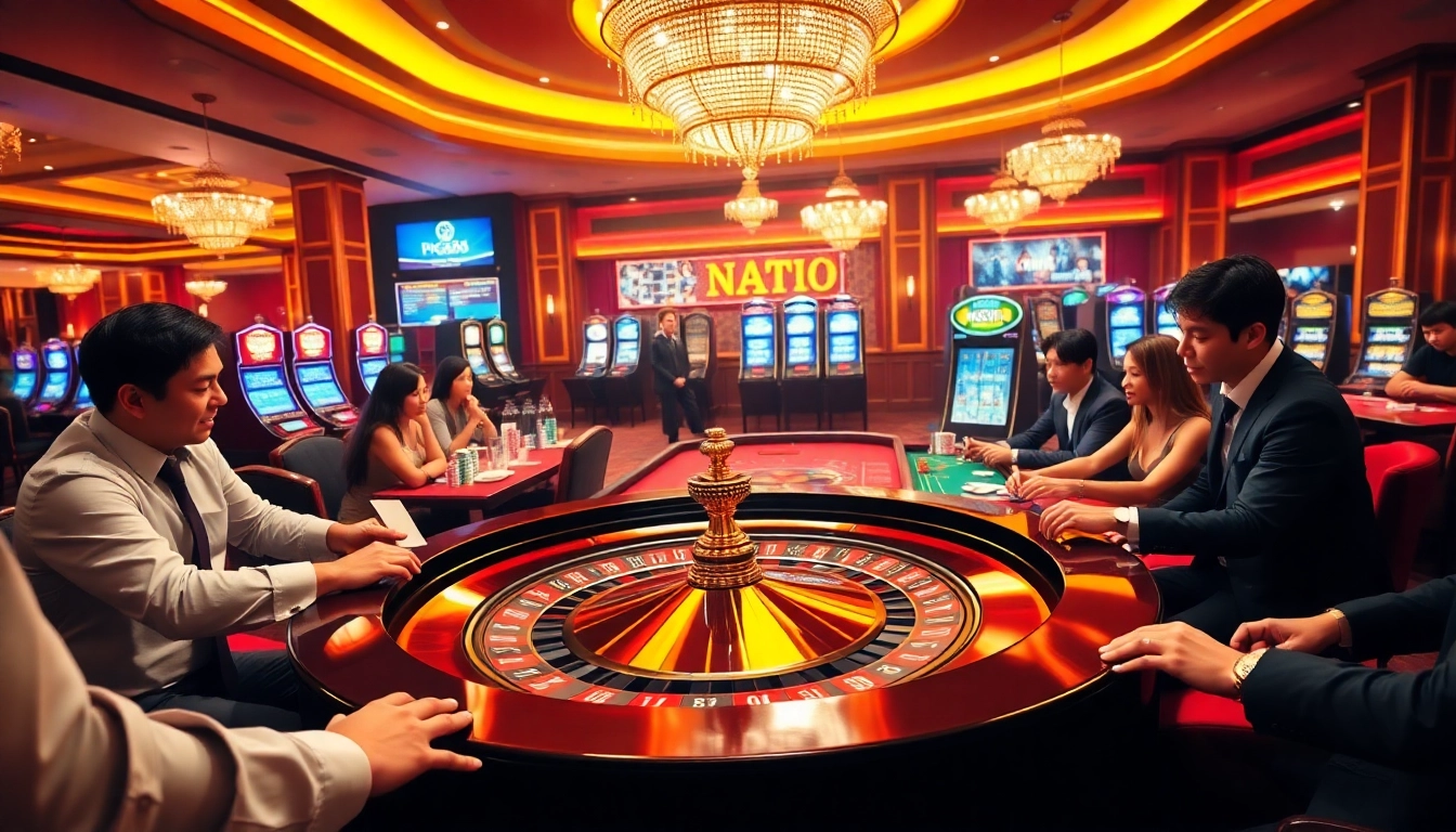 Players enjoying the excitement of pg88 at a luxurious casino with roulette and poker tables.