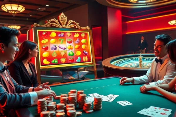 Engaging scene of players enjoying สล็อตทดลองPP with bright slot machine and poker elements in an upscale casino.