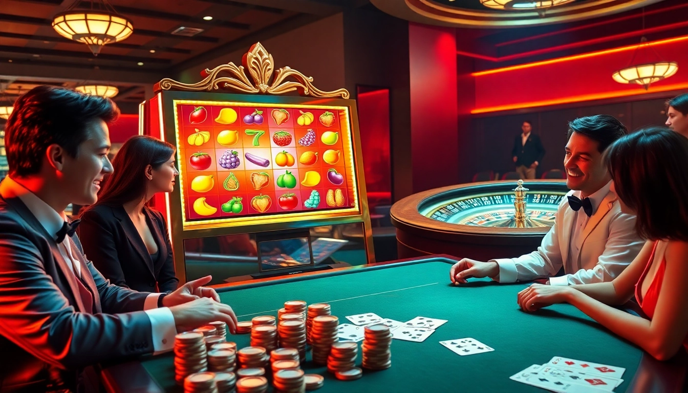 Engaging scene of players enjoying สล็อตทดลองPP with bright slot machine and poker elements in an upscale casino.