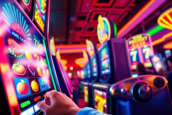 Spin the rtp slot machine with vibrant graphics and an excited player in a lively casino.