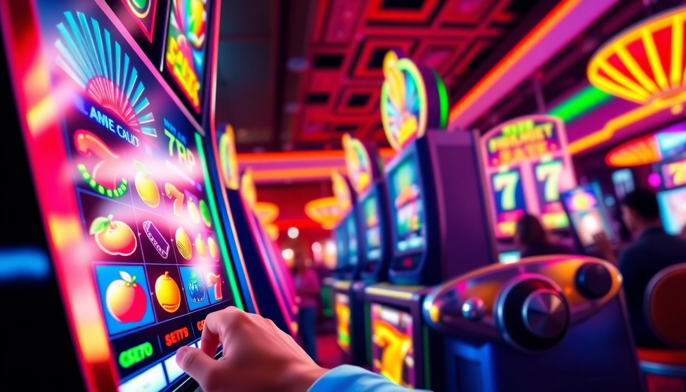 Spin the rtp slot machine with vibrant graphics and an excited player in a lively casino.