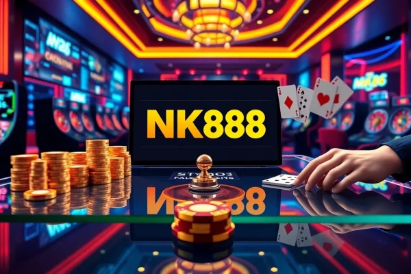 Professional gambler placing bets on an nk88 digital casino interface with poker chips and roulette wheel