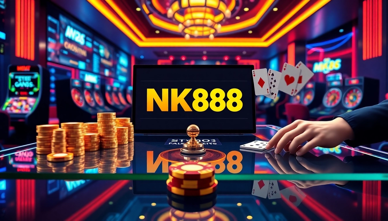 Professional gambler placing bets on an nk88 digital casino interface with poker chips and roulette wheel
